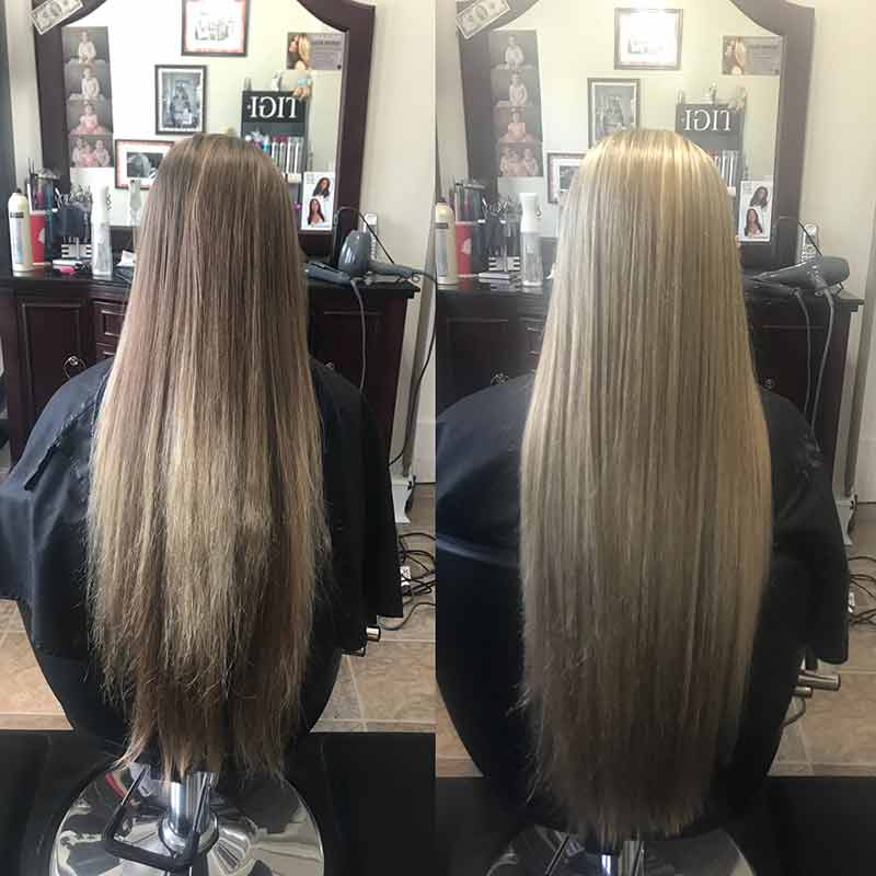 Before and after of a warm blonde color correction on long hair