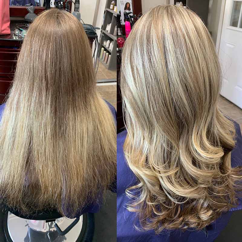 Long blonde balayage with soft graduated lift through the mid lengths and ends