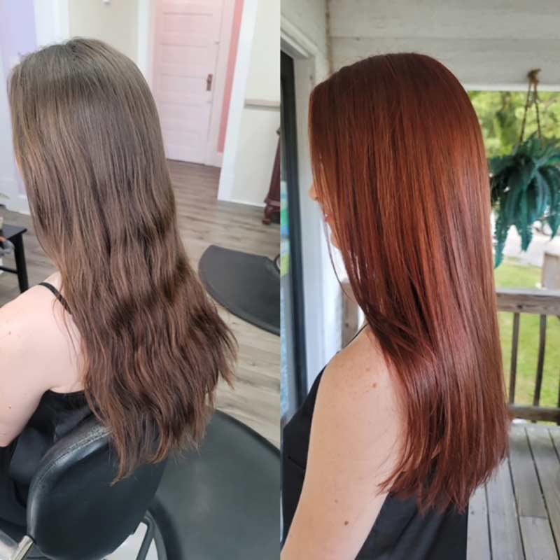 Deep copper red all over color on shoulder length hair